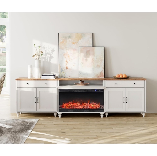 3-Sided Glass Fireplace TV Stand for 100/90/85 inch TV, Entertainment Center with 36'' Electric Fireplace, Wood TV Console Table with Storages and