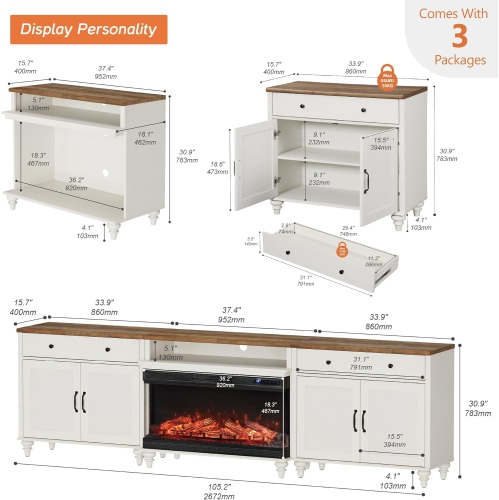 3-Sided Glass Fireplace TV Stand for 100/90/85 inch TV, Entertainment Center with 36'' Electric Fireplace, Wood TV Console Table with Storages and