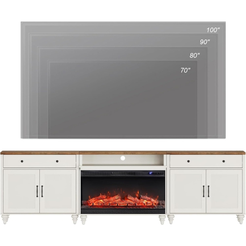 3-Sided Glass Fireplace TV Stand for 100/90/85 inch TV, Entertainment Center with 36'' Electric Fireplace, Wood TV Console Table with Storages and