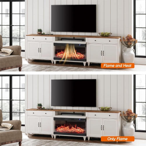 3-Sided Glass Fireplace TV Stand for 100/90/85 inch TV, Entertainment Center with 36'' Electric Fireplace, Wood TV Console Table with Storages and