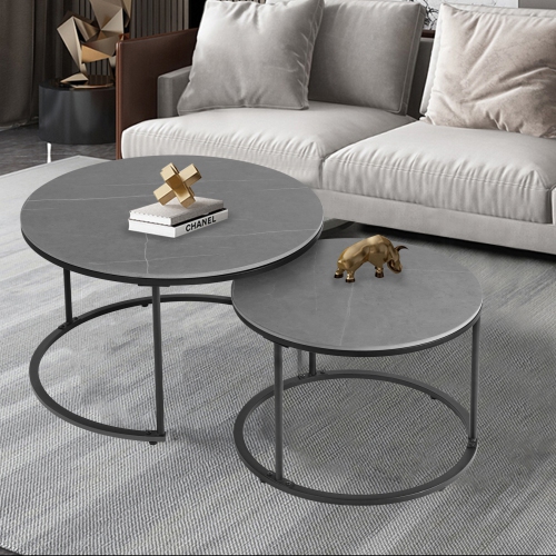 Round Nesting Table Marble: Set of 2 Modern Low Tables Sintered Stone Top Plate Black Steel Legs Circle Center Accent Table for Living Room Apartment