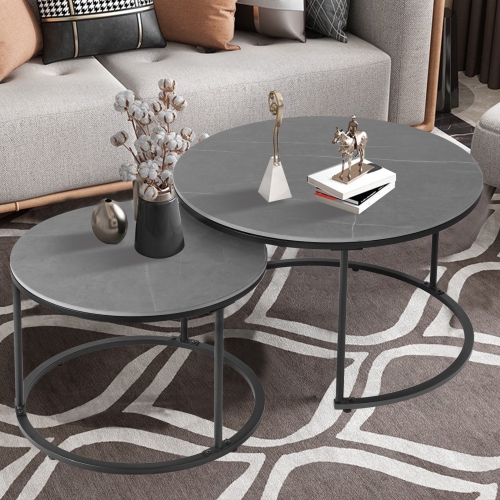 Round Nesting Table Marble: Set of 2 Modern Low Tables Sintered Stone Top Plate Black Steel Legs Circle Center Accent Table for Living Room Apartment