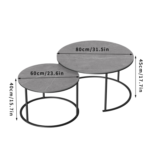 Round Nesting Table Marble: Set of 2 Modern Low Tables Sintered Stone Top Plate Black Steel Legs Circle Center Accent Table for Living Room Apartment