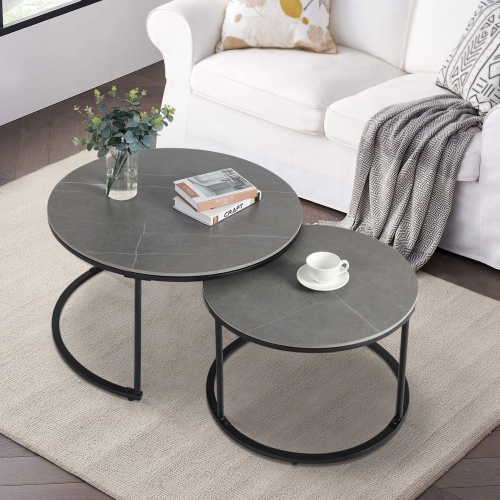 Round Nesting Table Marble: Set of 2 Modern Low Tables Sintered Stone Top Plate Black Steel Legs Circle Center Accent Table for Living Room Apartment