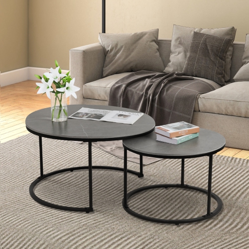 Round Nesting Table Marble: Set of 2 Modern Low Tables Sintered Stone Top Plate Black Steel Legs Circle Center Accent Table for Living Room Apartment