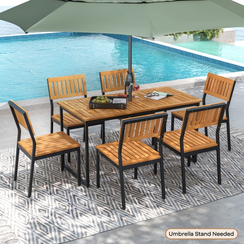 Gymax 7 PCS Outdoor Dining Set for 6 Acacia Wood Rectangular Table & 6 Armless Chairs