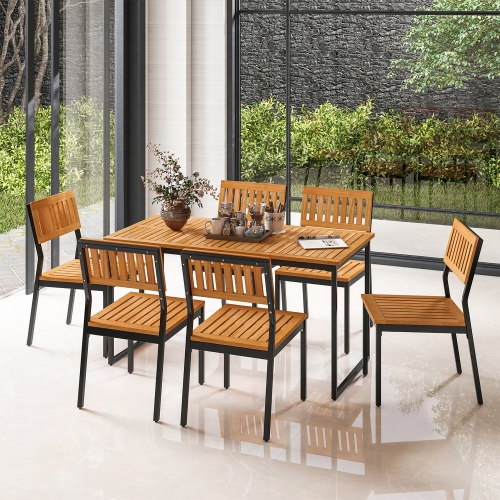 Gymax 7 PCS Outdoor Dining Set for 6 Acacia Wood Rectangular Table & 6 Armless Chairs