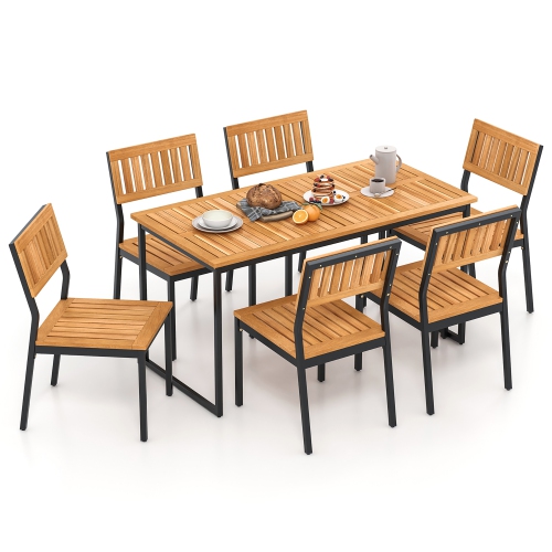 Gymax 7 PCS Outdoor Dining Set for 6 Acacia Wood Rectangular Table & 6 Armless Chairs