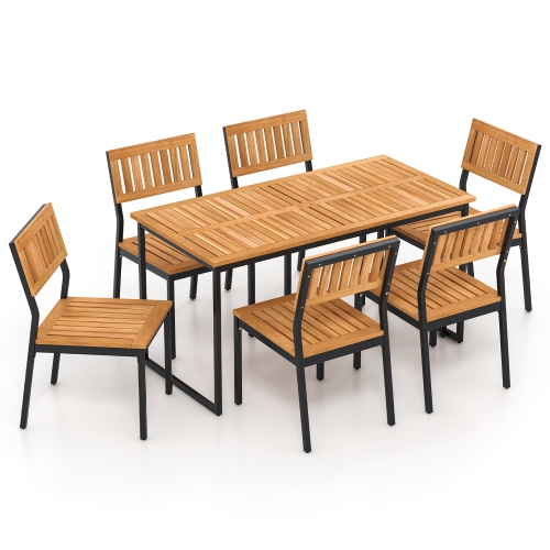 Gymax 7 PCS Outdoor Dining Set for 6 Acacia Wood Rectangular Table & 6 Armless Chairs