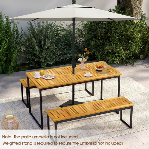 Gymax 3 PCS Outdoor Dining Set for 6 w/Acacia Wood Tabletop Metal Frame Umbrella Hole