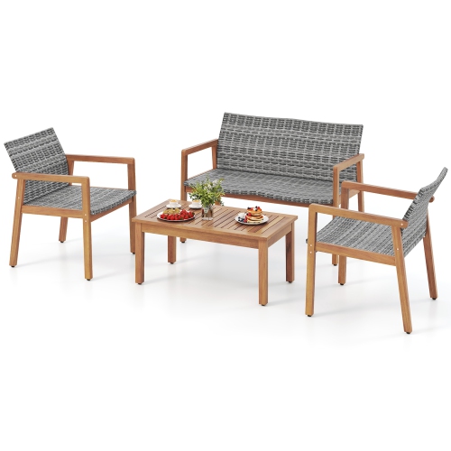 Gymax 4 Pieces Outdoor Furniture Set Acacia Wood Frame Sofa Set w/ Rattan Seat