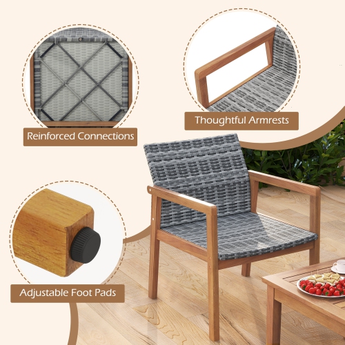 Gymax 4 Pieces Outdoor Furniture Set Acacia Wood Frame Sofa Set w/ Rattan Seat