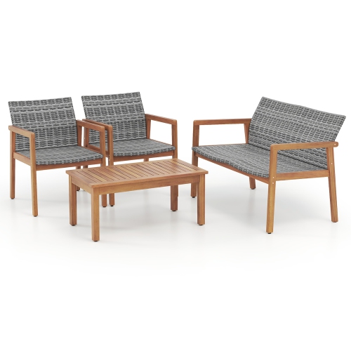 Gymax 4 Pieces Outdoor Furniture Set Acacia Wood Frame Sofa Set w/ Rattan Seat