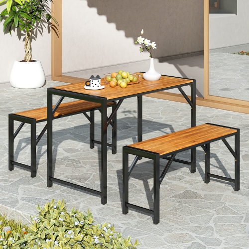 Gymax 3 PCS Dining Set for 4 People Outdoor Picnic Table & 2 Benches w/ Metal Frame