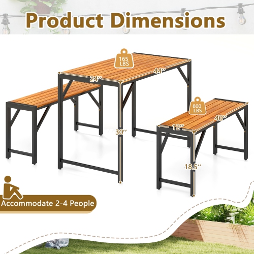 Gymax 3 PCS Dining Set for 4 People Outdoor Picnic Table & 2 Benches w/ Metal Frame