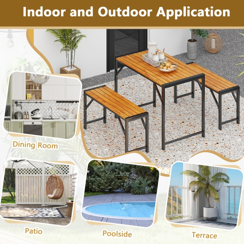Gymax 3 PCS Dining Set for 4 People Outdoor Picnic Table & 2 Benches w/ Metal Frame