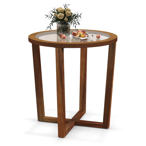Gymax Modern Round End Table w/ Transparent Tempered Glass Top Solid Acacia Wood Legs