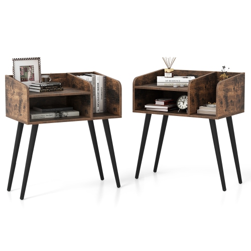GYMAX  Set Of 2 Mid Century Modern End Table W/ Open Shelves Metal Support Legs