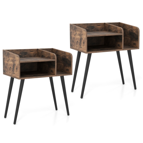 Gymax Set of 2 Mid Century Modern End Table w/ Open Shelves Metal Support Legs