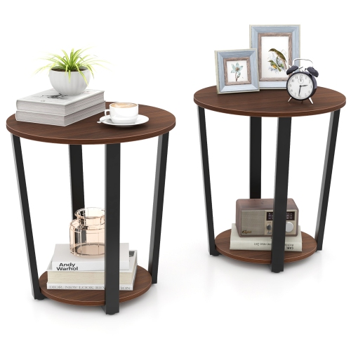 Gymax Industrial End Table Sofa Side Table Set ot 2 Nightstand w/ Storage Shelf