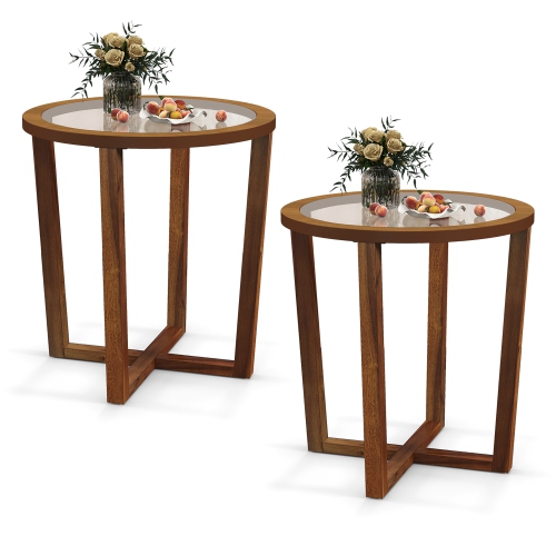GYMAX  2PCs Modern Round End Table W/ Transparent Tempered Glass Top Solid Wood Legs