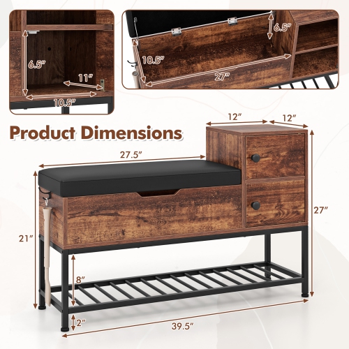 Gymax Entryway Bench Shoe Bench w/ Flip Top Box & 2 Door Cabinets PVC Seat Cushion