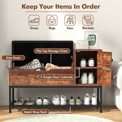 Gymax Entryway Bench Shoe Bench w/ Flip Top Box & 2 Door Cabinets PVC Seat Cushion