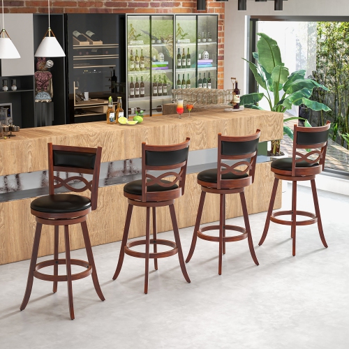 Gymax 29'' Bar Height Stools Set of 4 w/Rubber Wood Frame Faux Leather Upholstered Seat
