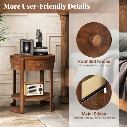 Gymax 2PCS Nightstand w/ Shelf & Wood Grains Drawer Round End Table for Living Room