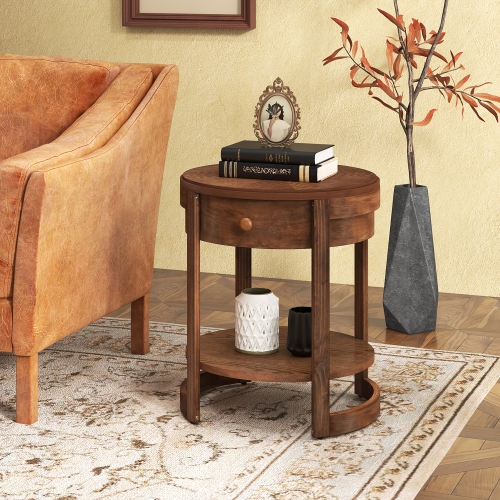 Gymax 2-Tier Nightstand w/ Shelf & Wood Grains Drawer Round End Table for Living Room