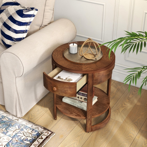 Gymax 2-Tier Nightstand w/ Shelf & Wood Grains Drawer Round End Table for Living Room