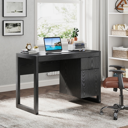 Gymax Computer Desk w/ Storage Cabinet Pull-out Drawer Stable Thick Legs for Bedroom Black