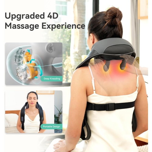 Snailax Cordless Neck Massager with Heat, 4D Deep Kneading, Shiatsu Neck and Shoulder Massager, Electric Massage Pillow for Neck, Traps, Shoulder