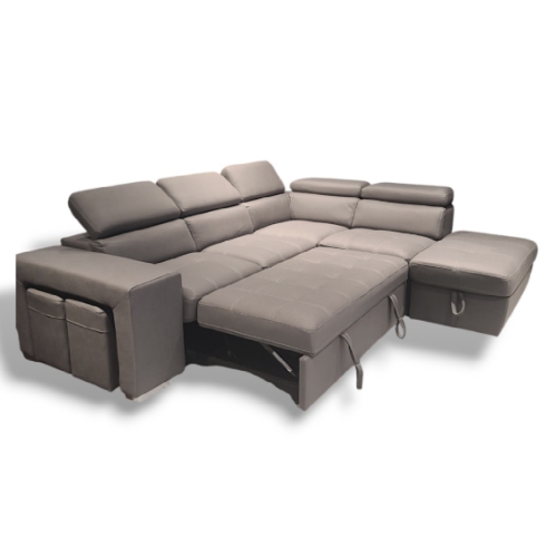 Sicily 3-Seater Sectional Sofa Bed with Ottoman - 2 stools - Grey Vegan Suede