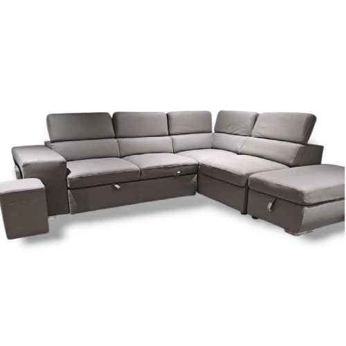 Sicily 3-Seater Sectional Sofa Bed with Ottoman - 2 stools - Grey Vegan Suede