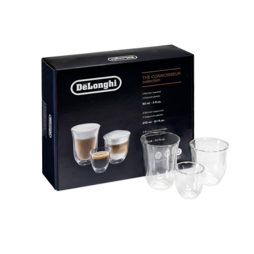 De'Longhi Trio Gift Set 2 Espresso, 2 Cappuccino, 2 Latte Double Wall Thermal Glasses, DLSC302