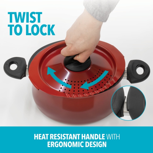 Bialetti Oval Aluminum 5.5 Quart Pasta Pot with Strainer Lid, Nonstick, Red