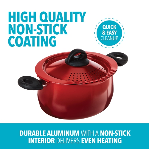 Bialetti Oval Aluminum 5.5 Quart Pasta Pot with Strainer Lid, Nonstick, Red