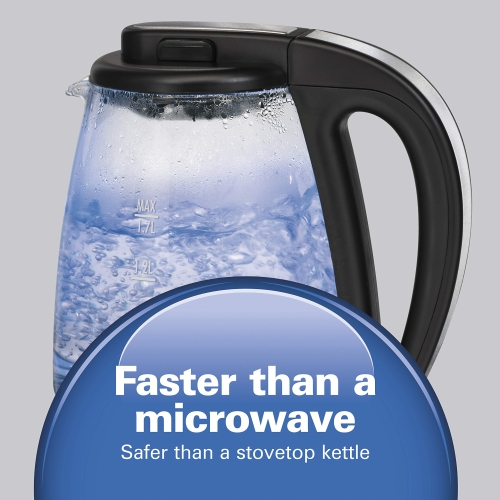 Bouilloire électrique en verre 40864C de Hamiton Beach, capacité de 1,7 litres, arrêt automatique, conception sans fil, acier inoxydable