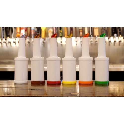 Winco Set of 6 - Flow-N-Stow Fruit Juice & Liquor Bar Pour Bottles 1 Quart