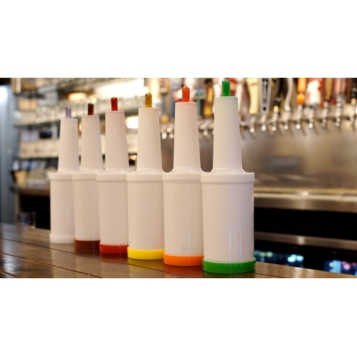 Winco Set of 6 - Flow-N-Stow Fruit Juice & Liquor Bar Pour Bottles 1 Quart