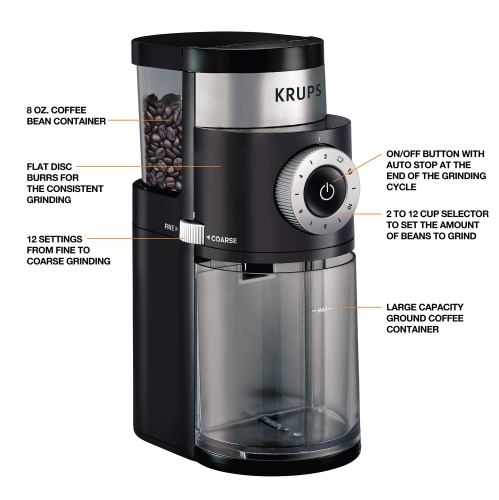 KRUPS Precision Flat Coffee Burr Grinder, 12-Grind fineness Settings, Black