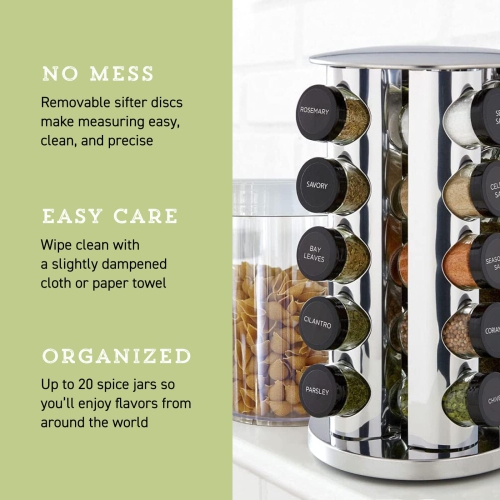 Kamenstein 20 Jar Revolving Countertop Spice Rack with Spices Included, Polished Stainless Steel with Black Caps, 30020