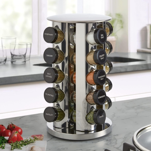 Kamenstein 20 Jar Revolving Countertop Spice Rack with Spices Included, Polished Stainless Steel with Black Caps, 30020