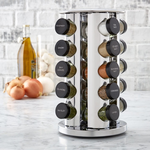 Kamenstein 20 Jar Revolving Countertop Spice Rack with Spices Included, Polished Stainless Steel with Black Caps, 30020