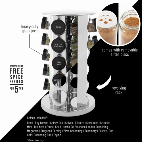 Kamenstein 20 Jar Revolving Countertop Spice Rack with Spices Included, Polished Stainless Steel with Black Caps, 30020