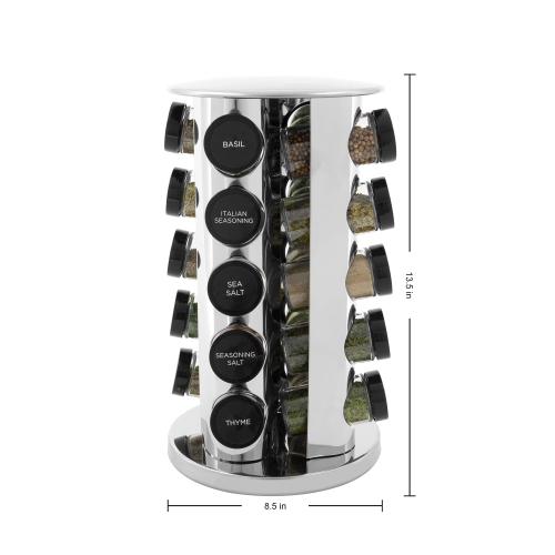 Kamenstein 20 Jar Revolving Countertop Spice Rack with Spices Included, Polished Stainless Steel with Black Caps, 30020