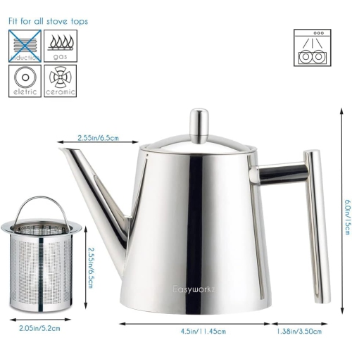 Théière en acier inoxydable avec infuseur amovible 27&nbsp;oz d'Easyworkz pour cuisinière et tisane aux fruits.