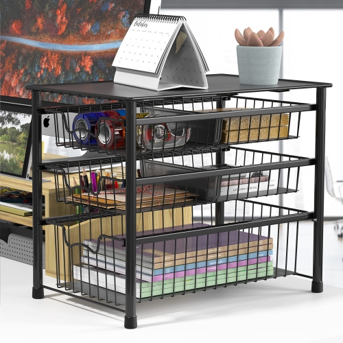 SimpleHouseware 3 Tier Stackable Pull Out Sliding Basket Organizer Drawer, Black