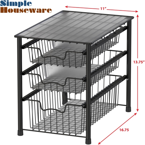 SimpleHouseware 3 Tier Stackable Pull Out Sliding Basket Organizer Drawer, Black